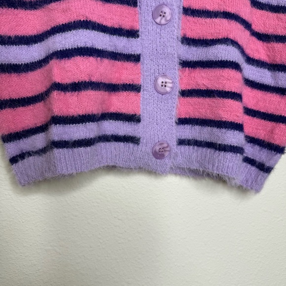 Beivy Short Sleeve Button Down Stripe Purple and Pink Eyelash Knit Sweater Small - Picture 8 of 9